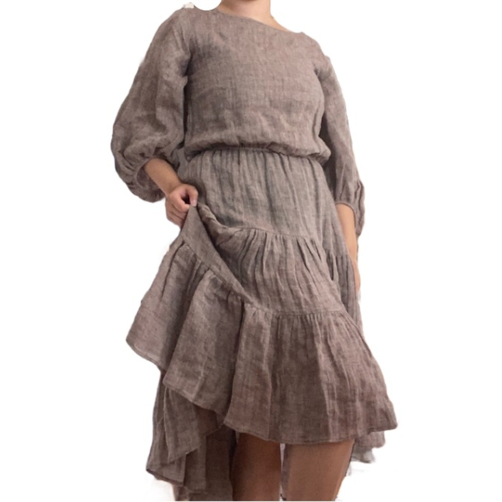 Love Binetti Tan Brown Cotton Tiered Hem Peasant Long Sleeve Midi Dress Pirate